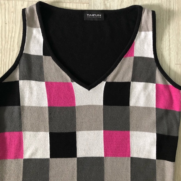Taifun Collection Sleeveless V-Neck Checkered Knit Sweater Blouse - Picture 12 of 16